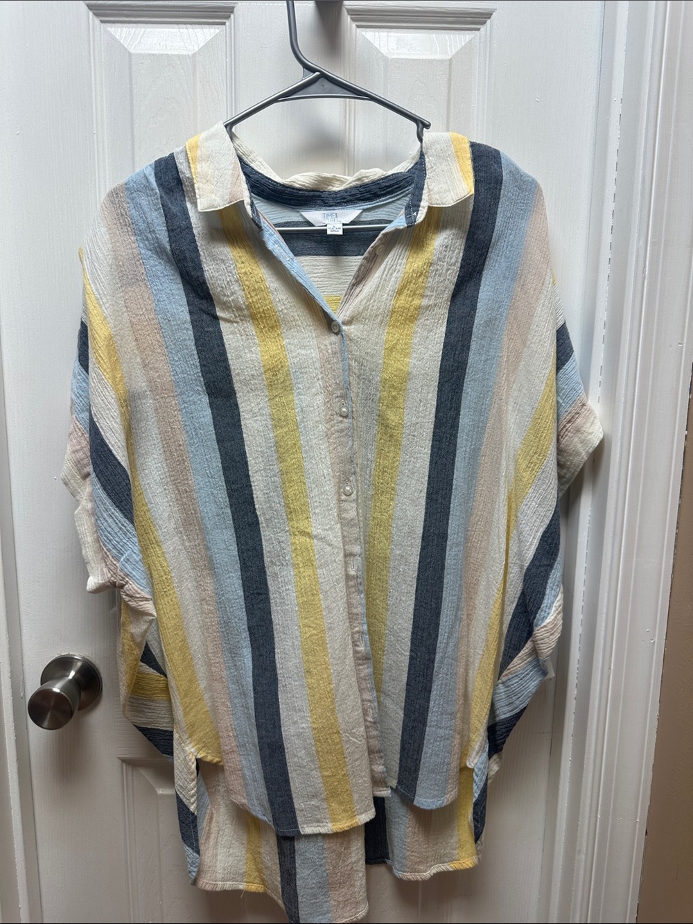 Time and Tru Button-Down Stripe Tunic in Yellow, Blue, Gray, Cream